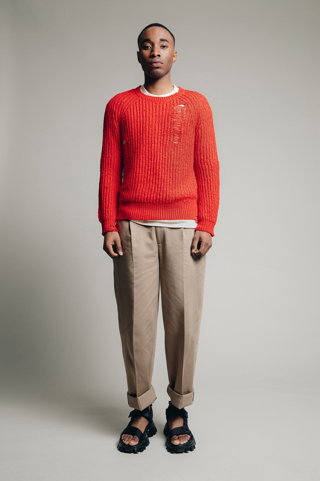 Distressed Knit Sweater in Red
