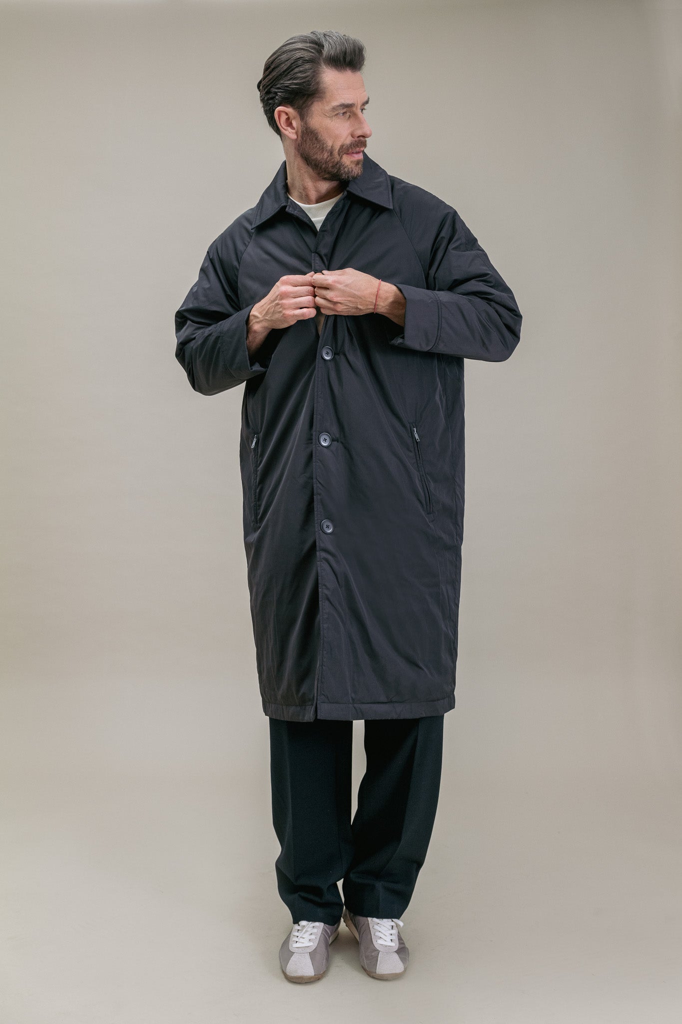 One Raincoat Padded Black Coat with Buttons