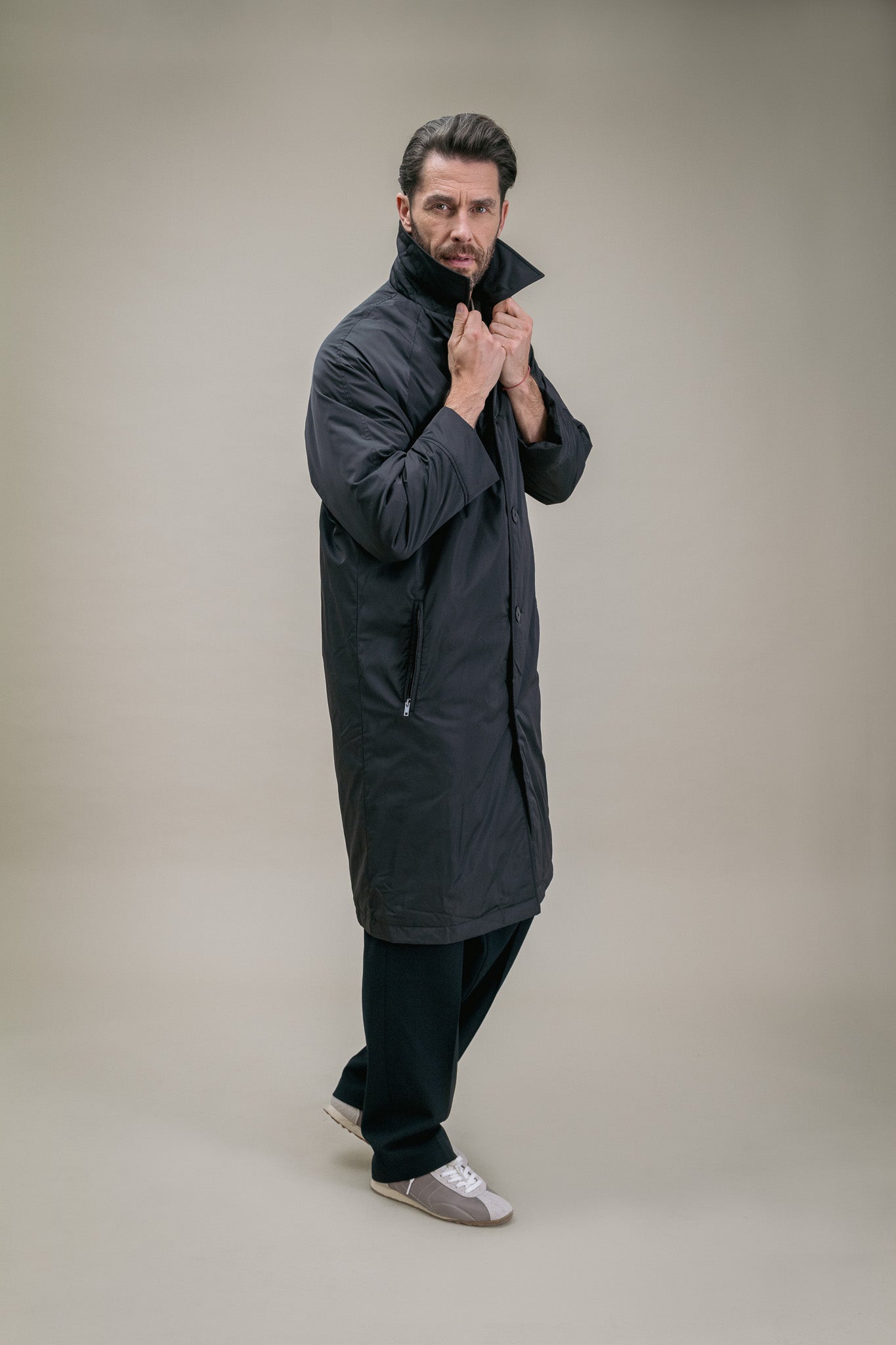 One Raincoat Padded Black Coat with Buttons