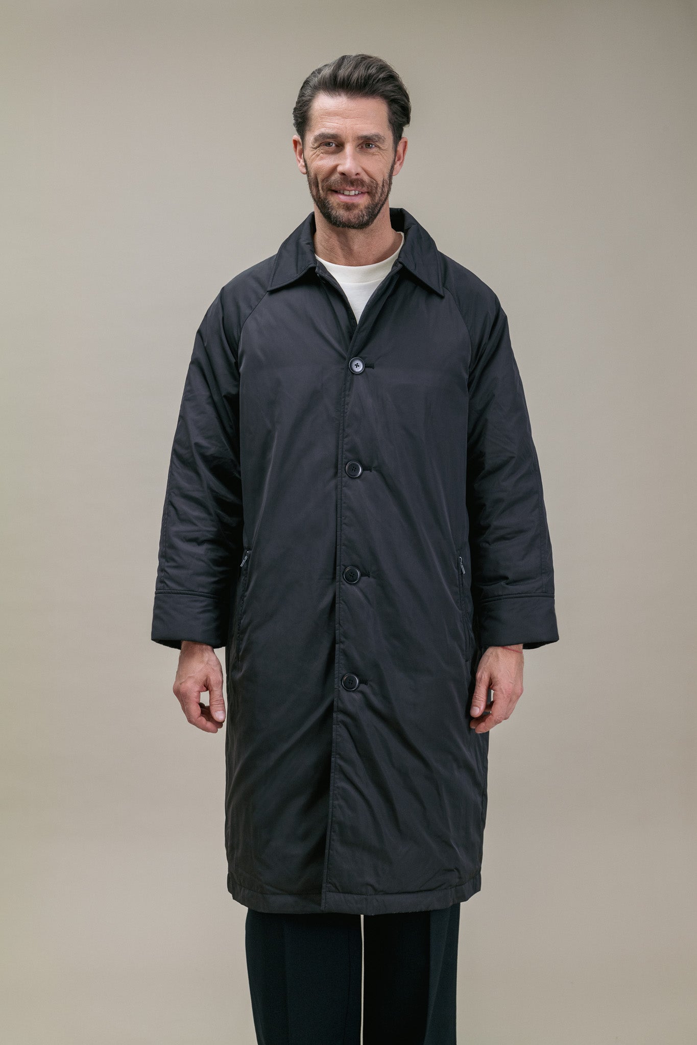One Raincoat Padded Black Coat with Buttons