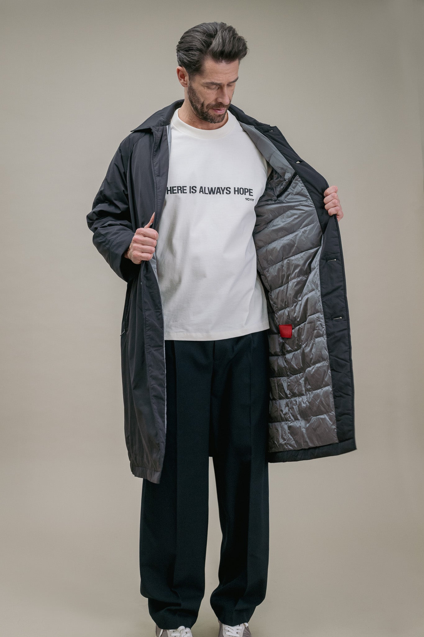 One Raincoat Padded Black Coat with Buttons