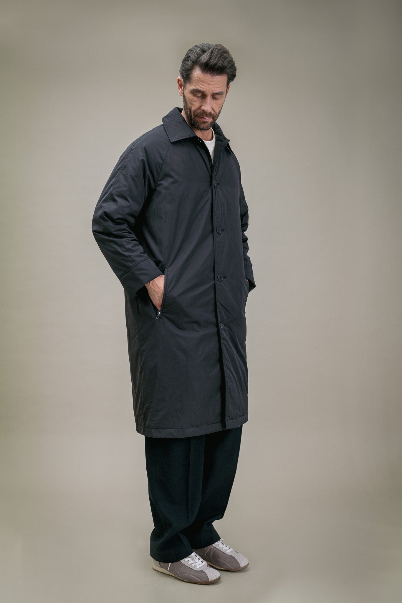 One Raincoat Padded Black Coat with Buttons