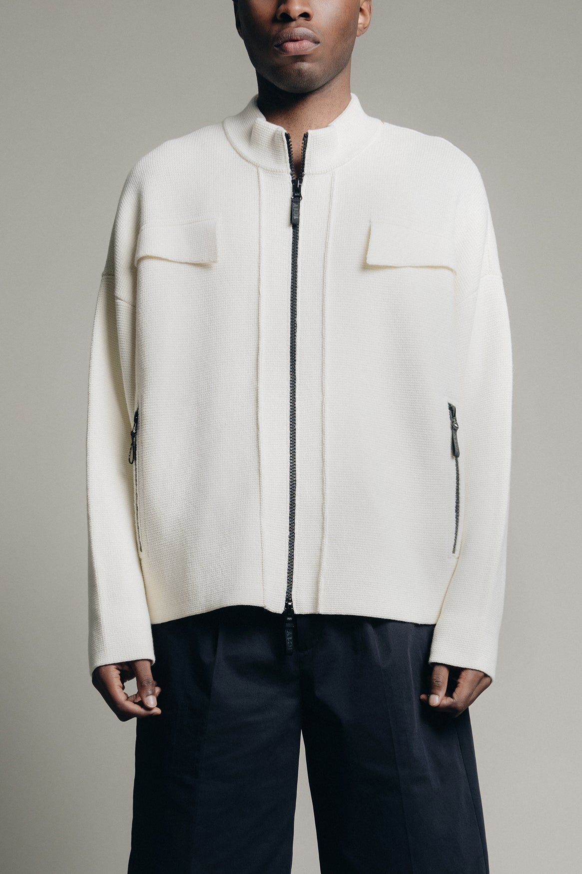 Sad1f Ivory Knit Jacket with Zipper