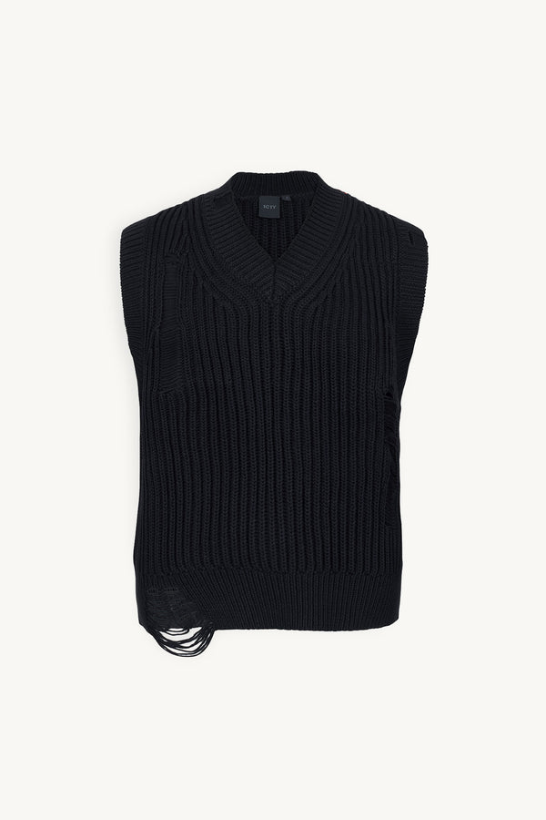 Husse1n Distressed Men Knit Vest in Black