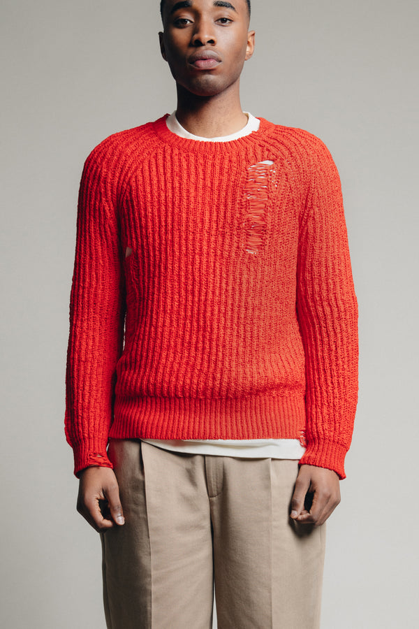 Distressed Knit Sweater in Red